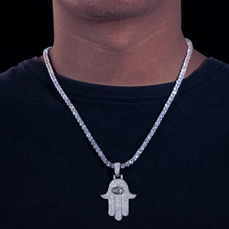 Sterling Silver Moissanite Evil Eye Hamsa Hand Pendant Chain - Yoyisjewelry