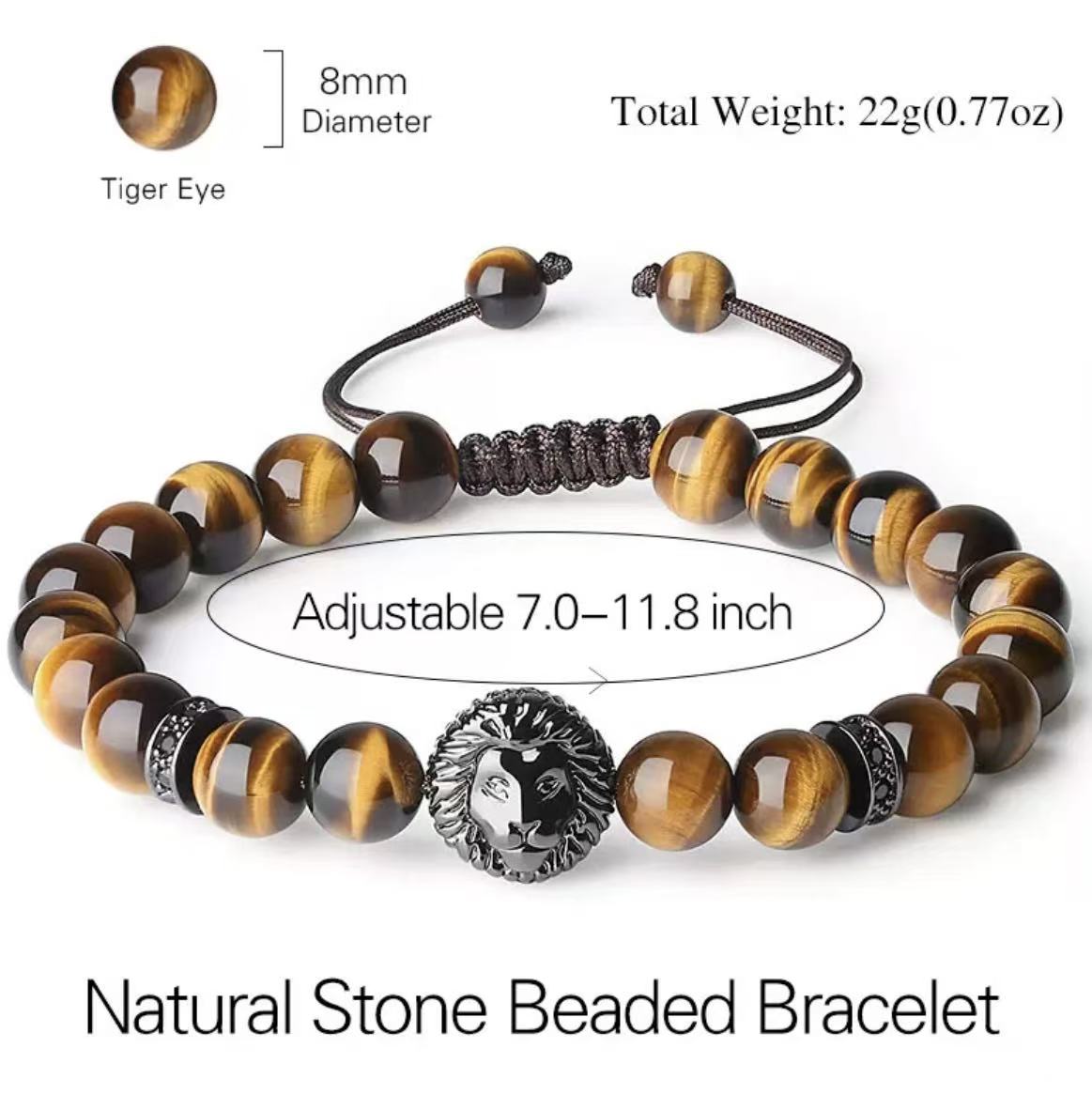 ICEGANG Natural Tiger's Eye Stone Men's Bracelet (Adjustable Size)