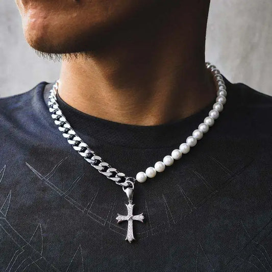 Men's Stainless Steel Freshwater Pearl Rhinestone Cross Pendant Chain