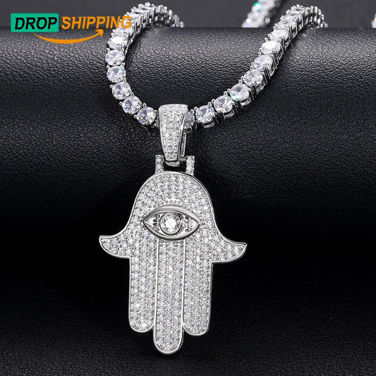 Sterling Silver Moissanite Evil Eye Hamsa Hand Pendant Chain