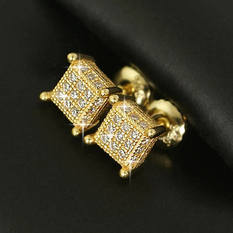 Men's Gold Moissanite 3D Cube Box Stud Earrings