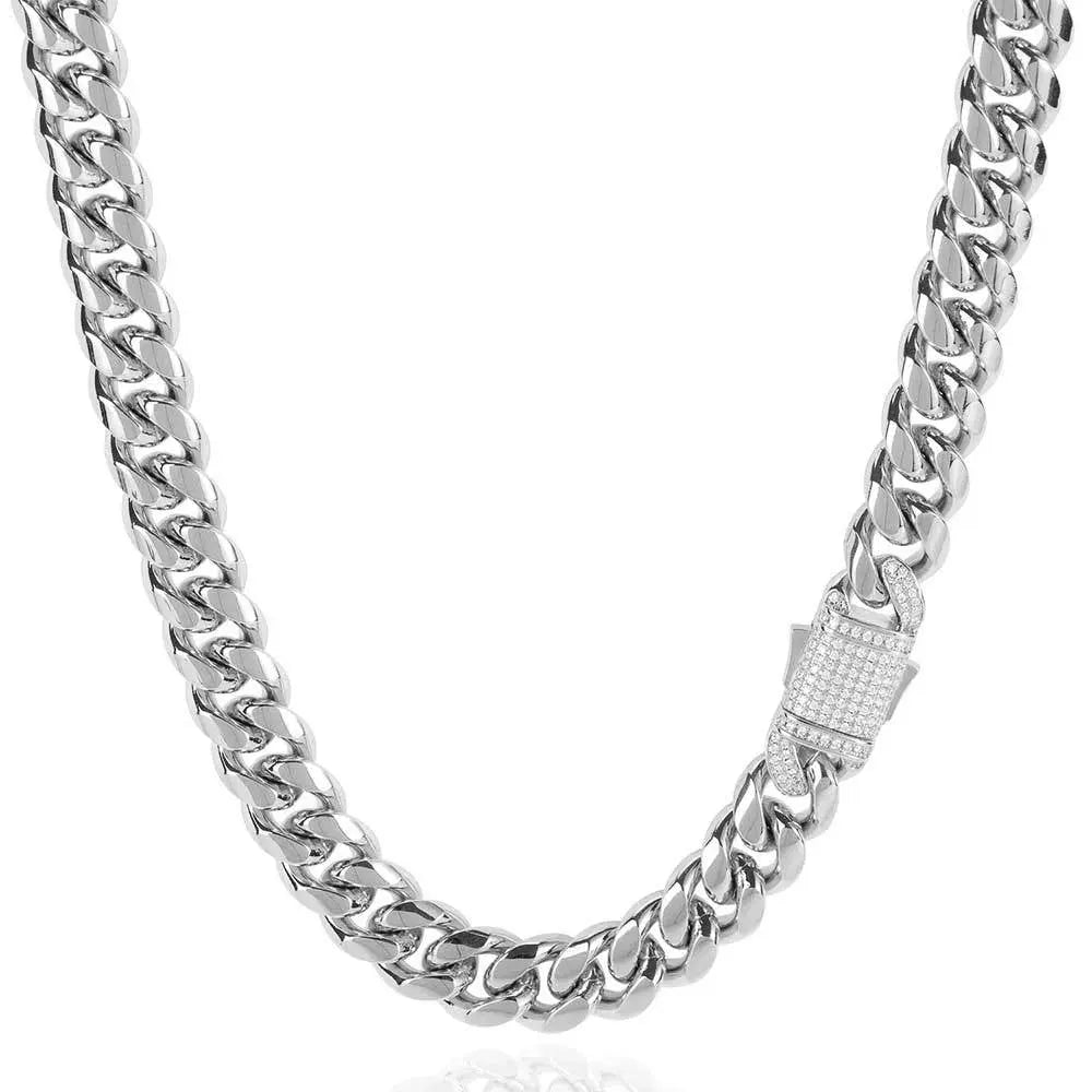 Zirconia Inlaid Box Clasp Cuban Chain-Silver - Yoyisjewelry